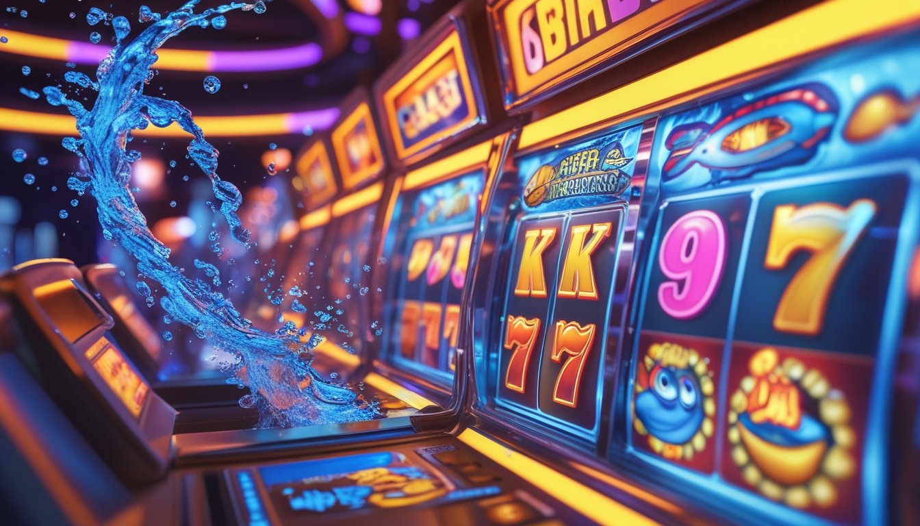 Gambar mesin slot bergaya retro dengan simbol klasik dan elemen visual ikan serta air yang cerah dan menarik.