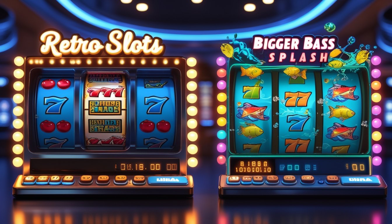 Dua layar mesin slot digital berdampingan, satu bergaya retro dengan simbol klasik dan satu lagi bertema memancing dengan ikan dan air.