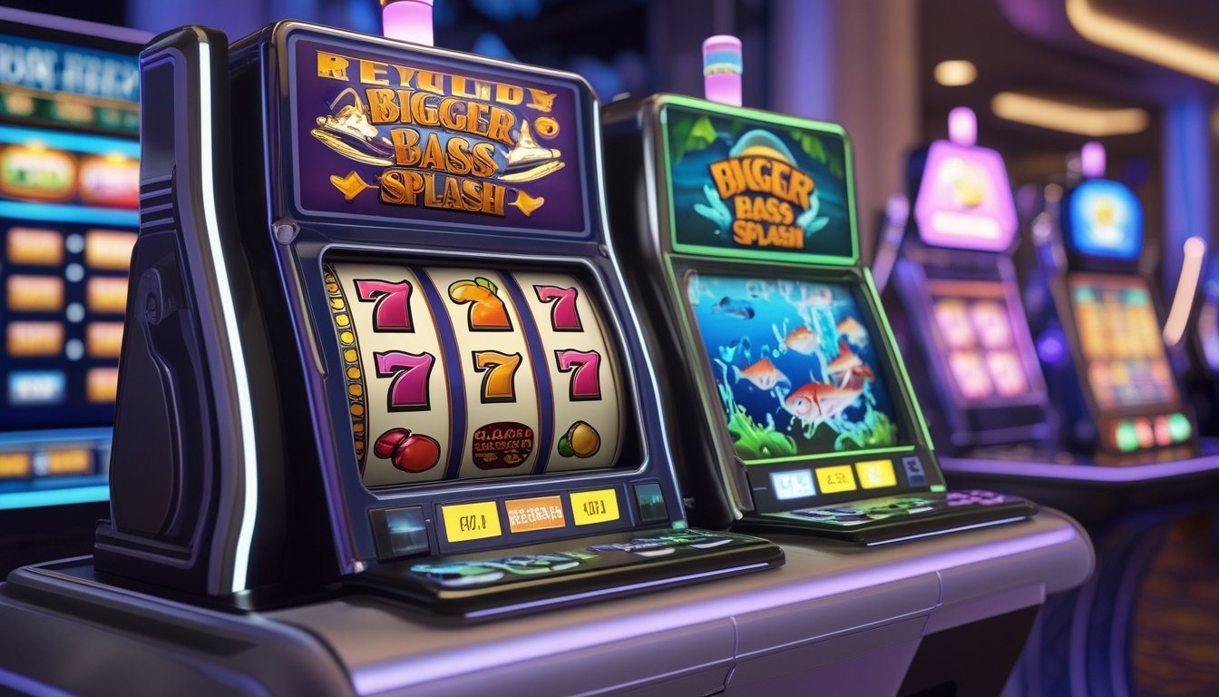 Dua mesin slot digital berdampingan di platform permainan, satu dengan tema retro dan satu dengan tema ikan berwarna cerah, di dalam lingkungan kasino modern.