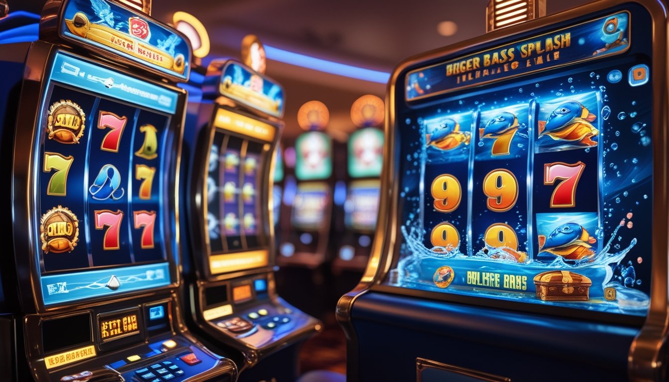 Mesin slot retro dengan simbol klasik di sebelah mesin slot bertema ikan dan air yang cerah di dalam kasino.