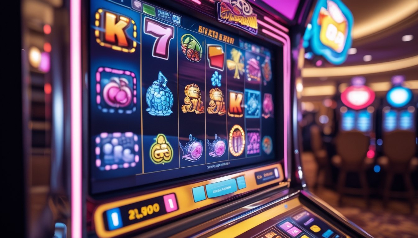 Gambar mesin slot dengan tema retro dan elemen bawah laut yang menampilkan fitur bonus dan simbol permainan yang menarik.