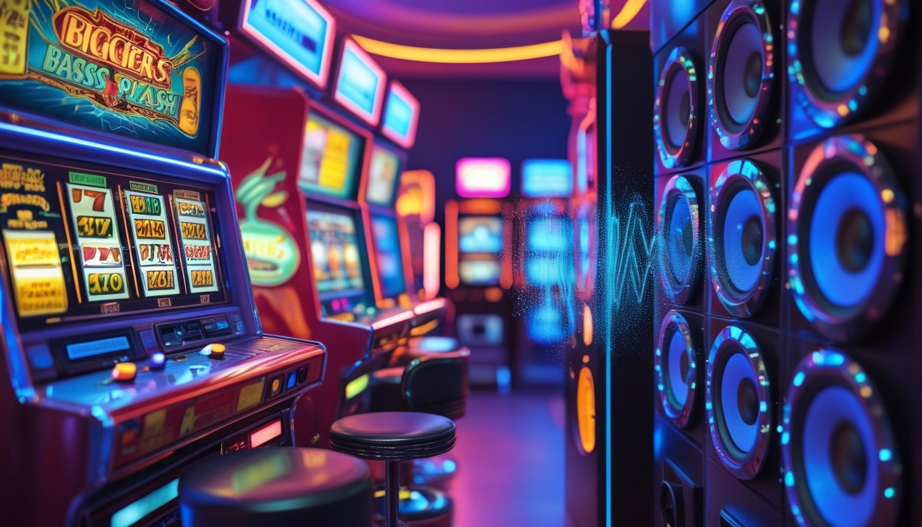 Suasana arcade dengan mesin slot retro berwarna-warni dan peralatan audio modern dengan speaker besar yang memancarkan getaran suara.