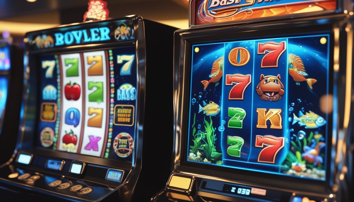 Dua layar mesin slot berdampingan, satu menampilkan permainan slot retro dengan simbol klasik, satu lagi menampilkan permainan Bigger Bass Splash dengan tema bawah laut berwarna-warni.