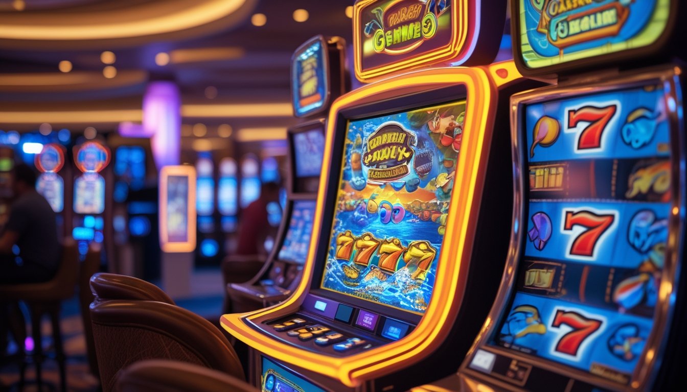 Dua mesin slot aktif di kasino dengan satu bergaya retro dan satu bertema ikan, dikelilingi oleh orang-orang yang bermain dan lampu hangat.