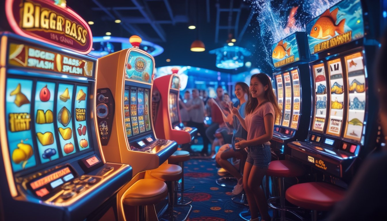 Area kasino dengan mesin slot retro berwarna-warni dan mesin slot bertema ikan yang menampilkan pemain yang antusias bermain di depan mesin.