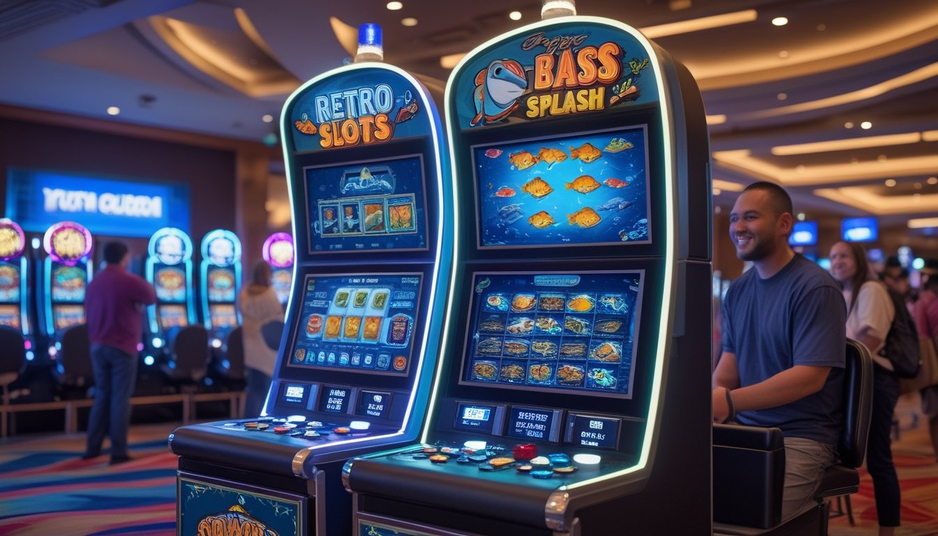 Suasana kasino dengan dua mesin slot yang menampilkan tema retro dan tema ikan, dengan beberapa pemain yang sedang bermain dan terlihat antusias.