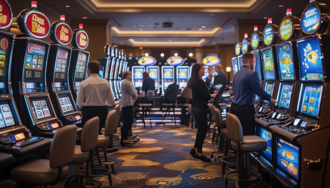 Seorang pemula sedang belajar menggunakan mesin slot retro dan mesin slot bertema ikan di lantai kasino yang terang dan ramai.