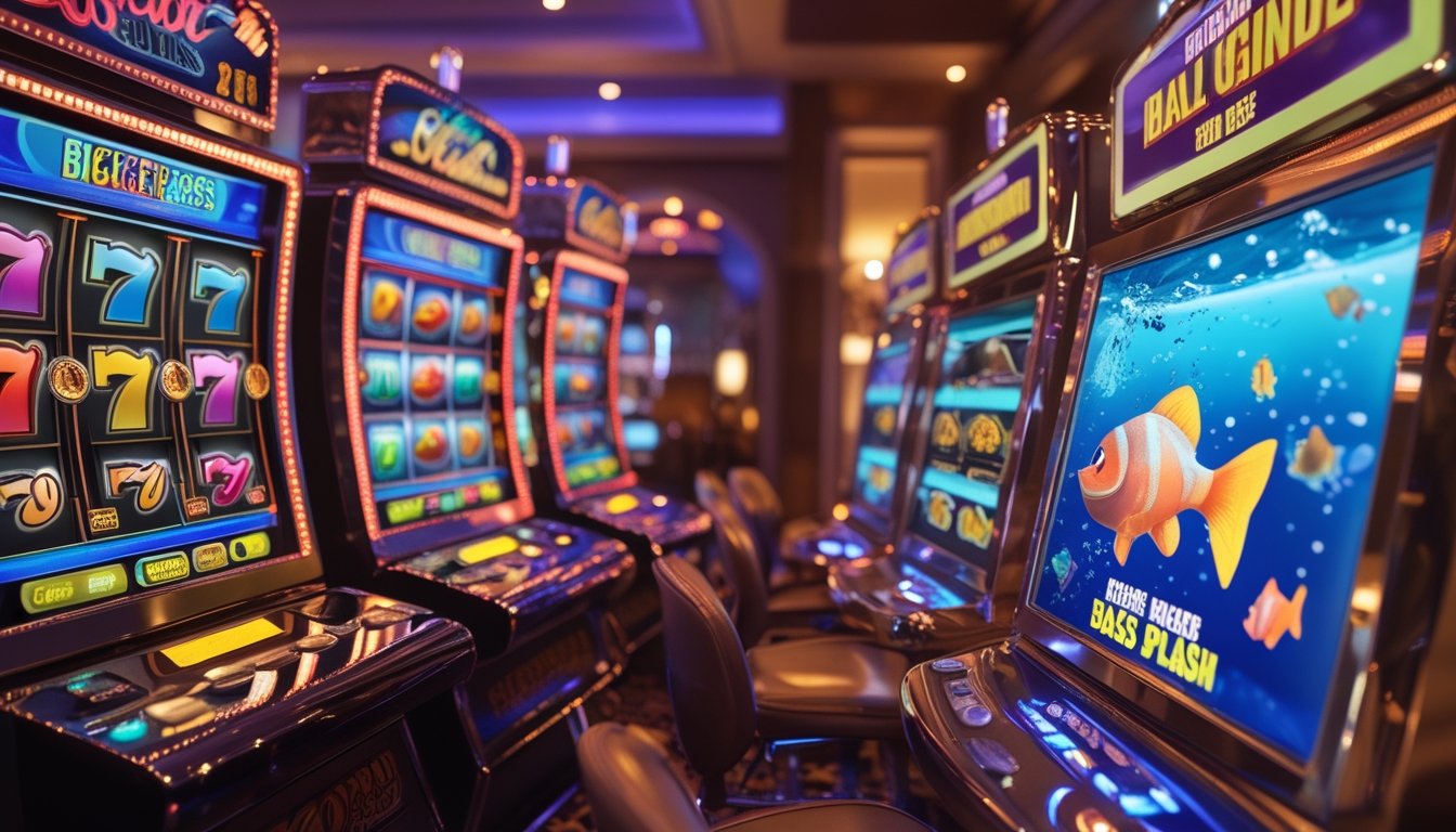 Interior kasino dengan mesin slot retro berwarna-warni dan layar mesin slot digital bertema memancing ikan di bawah laut.