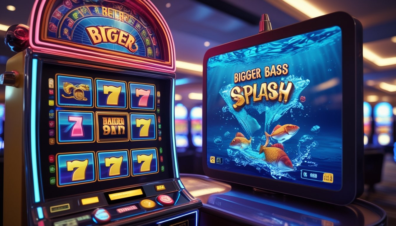 Mesin slot bergaya retro dengan simbol klasik dan layar digital menampilkan tema memancing bawah air di lingkungan kasino modern.