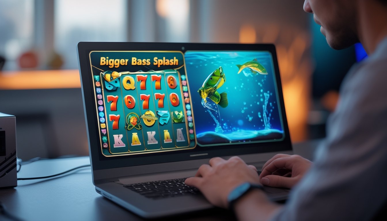 Sebuah setup permainan dengan komputer menampilkan layar permainan slot retro dan tema memancing, dengan tangan seseorang sedang bermain.