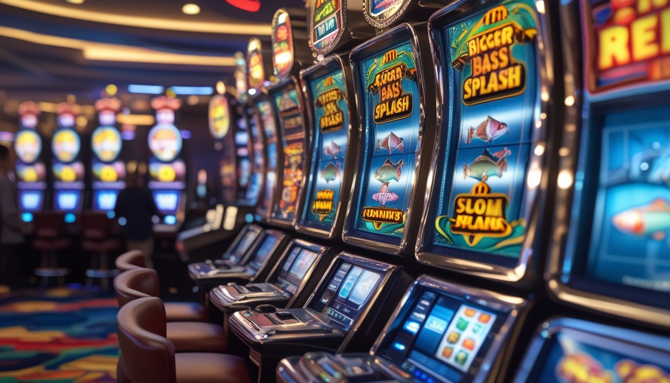 Suasana kasino dengan mesin slot retro dan tema memancing yang berwarna-warni sedang dimainkan oleh beberapa orang.