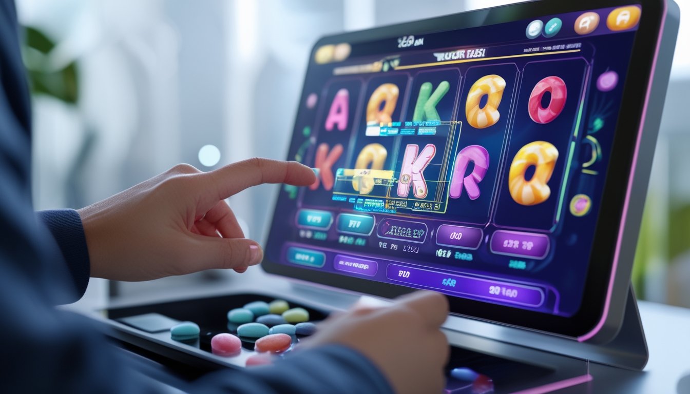 Tangan yang sedang menggunakan mesin slot digital dengan tema permen berwarna-warni dan grafik statistik RTP yang ditampilkan di layar.