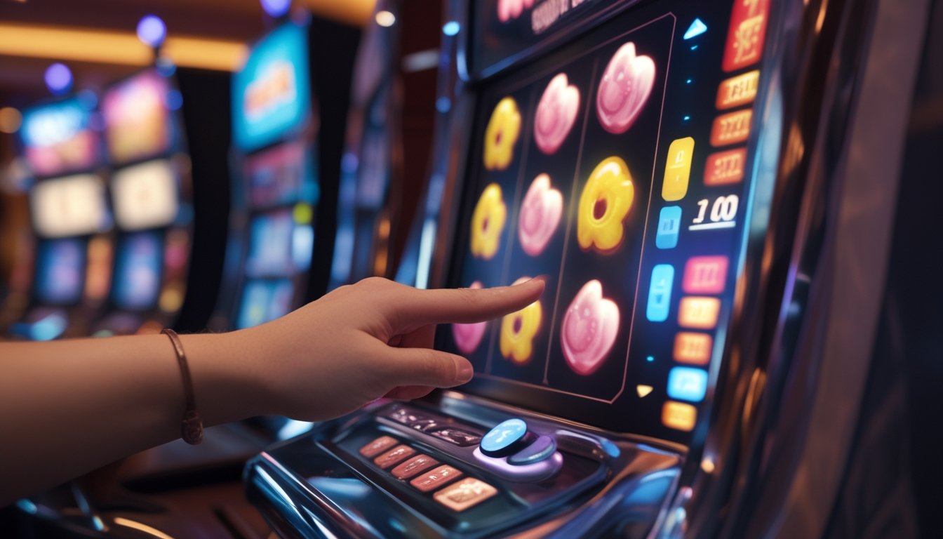 Tangan yang menekan tombol putar pada mesin slot dengan simbol permen warna-warni dan grafik data di latar belakang kasino.
