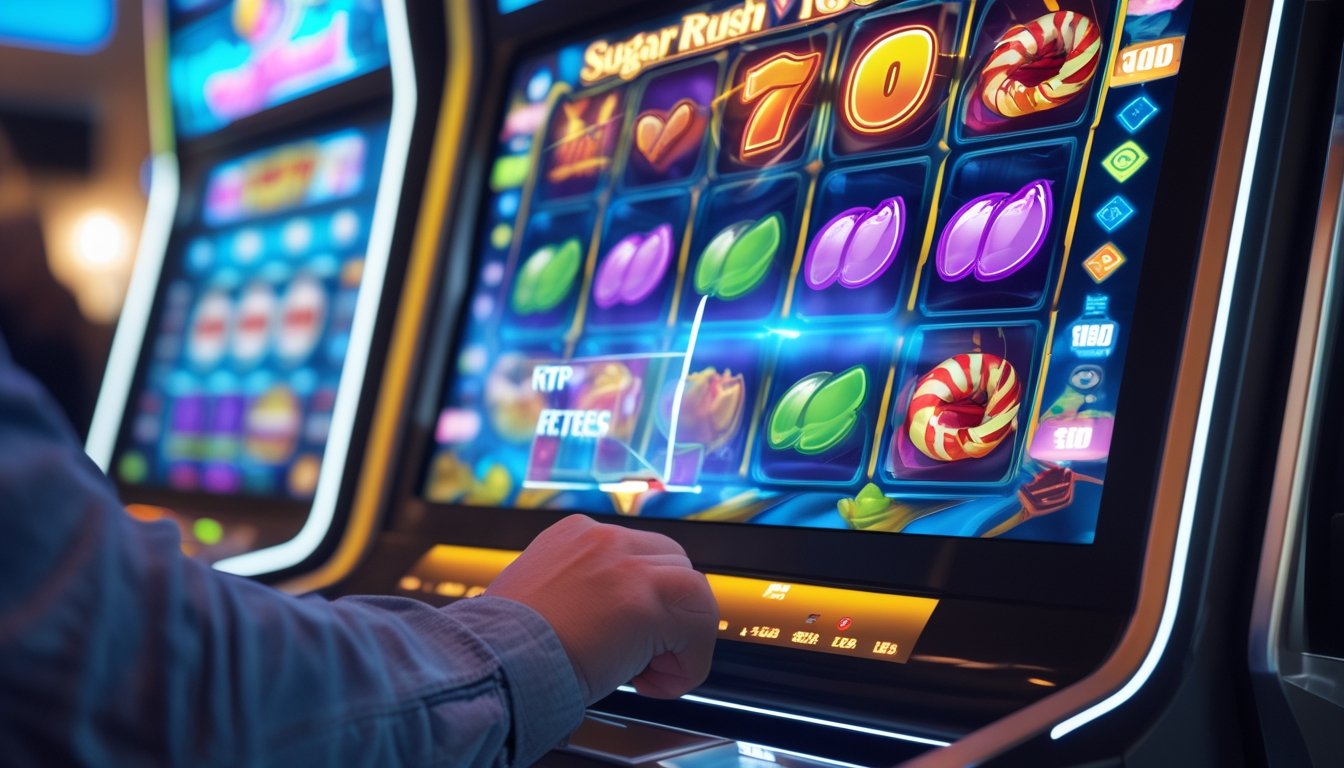 Seseorang sedang menggunakan mesin slot digital dengan tema permen yang berwarna-warni, melihat data permainan di layar.