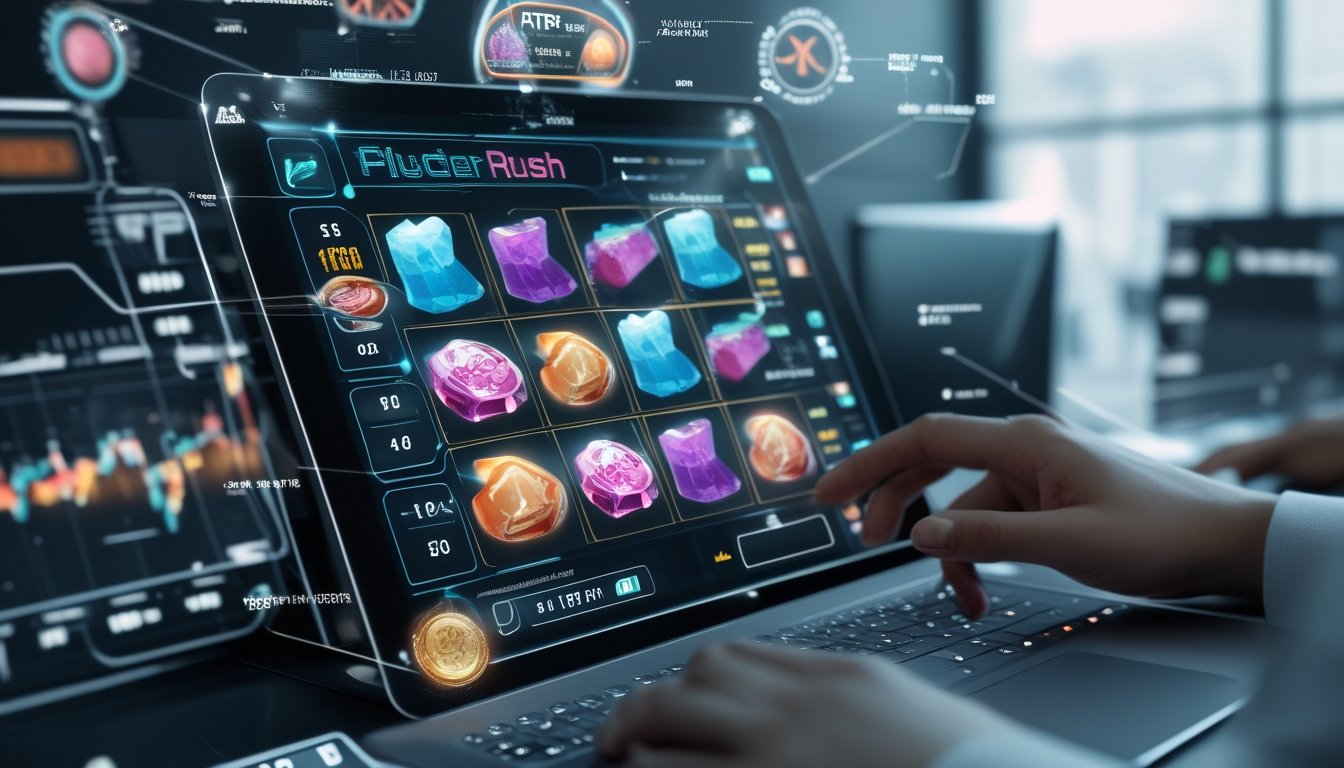 Tampilan dekat mesin slot digital dengan simbol permen dan grafik data RTP di layar, di lingkungan kantor modern.