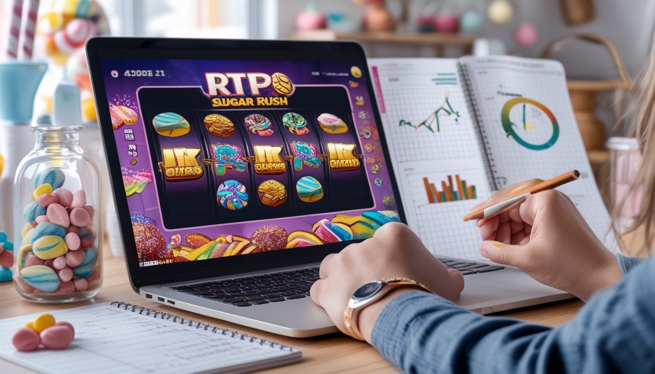 Seorang pria sedang belajar tentang nilai RTP pada permainan slot Sugar Rush dengan laptop yang menampilkan grafik permainan dan buku catatan berisi diagram di meja kerja.