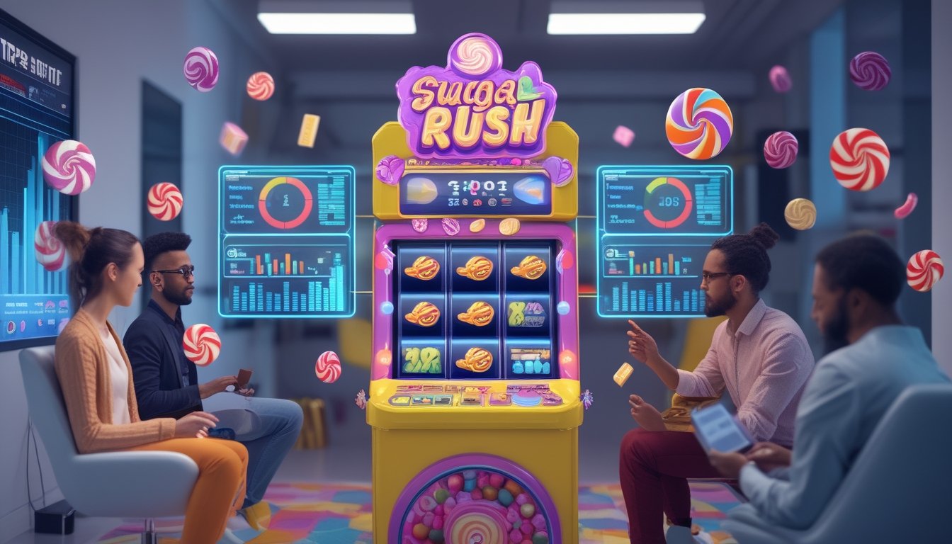 Orang-orang di ruang studio bermain game Sugar Rush dengan mesin slot bertema permen dan grafik data mengambang di sekitar mereka.