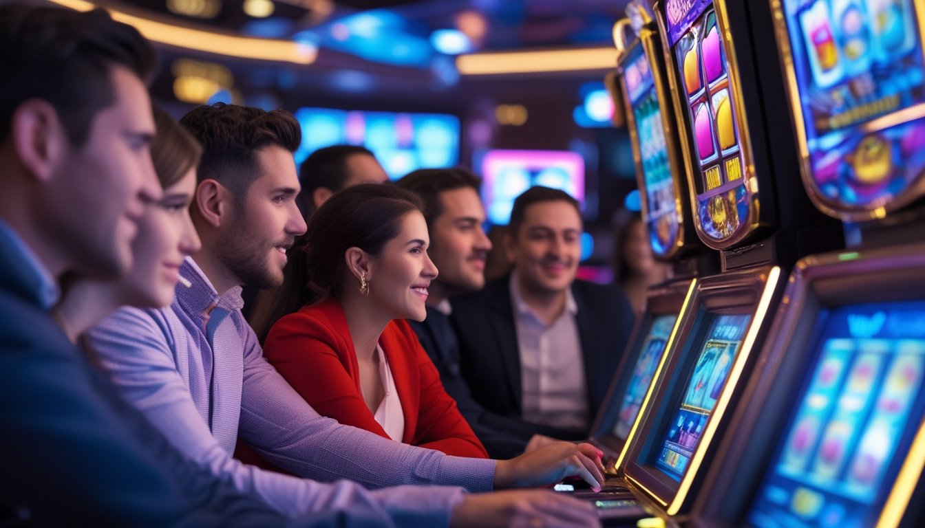 Seorang pemain sedang memperhatikan mesin slot Sugar Rush yang berwarna-warni di dalam kasino dengan ekspresi antusias dan suasana yang cerah.