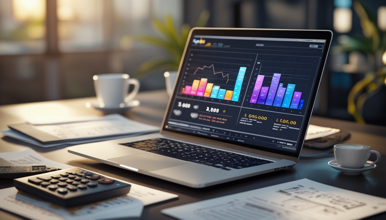 Meja kerja dengan laptop yang menampilkan grafik dan data analisis terkait permainan slot bertema gula-gula, dengan dokumen dan alat tulis di sekitarnya.