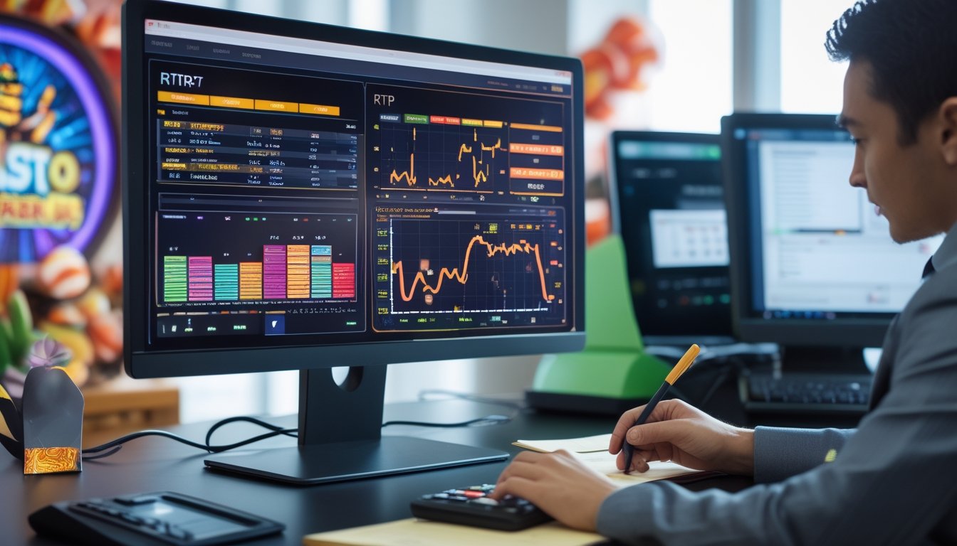Seseorang sedang menganalisis data slot mesin di depan komputer dengan grafik dan kalkulator di meja kerja.