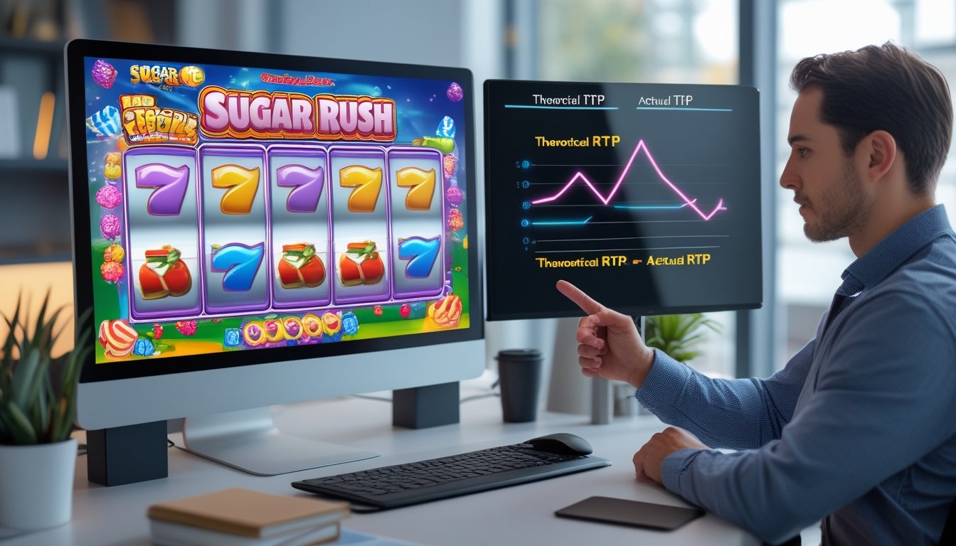 Seorang analis profesional menunjuk layar komputer yang menampilkan grafik perbandingan RTP teoritis dan RTP aktual dalam permainan Sugar Rush di sebuah kantor modern.