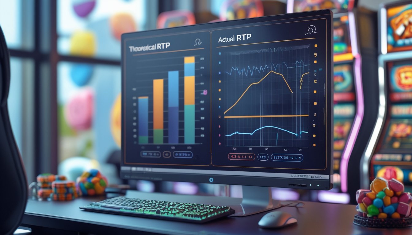 Sebuah meja dengan komputer yang menampilkan grafik dan ikon permainan bertema permen, menggambarkan perbandingan RTP teoritis dan aktual dalam permainan Sugar Rush.