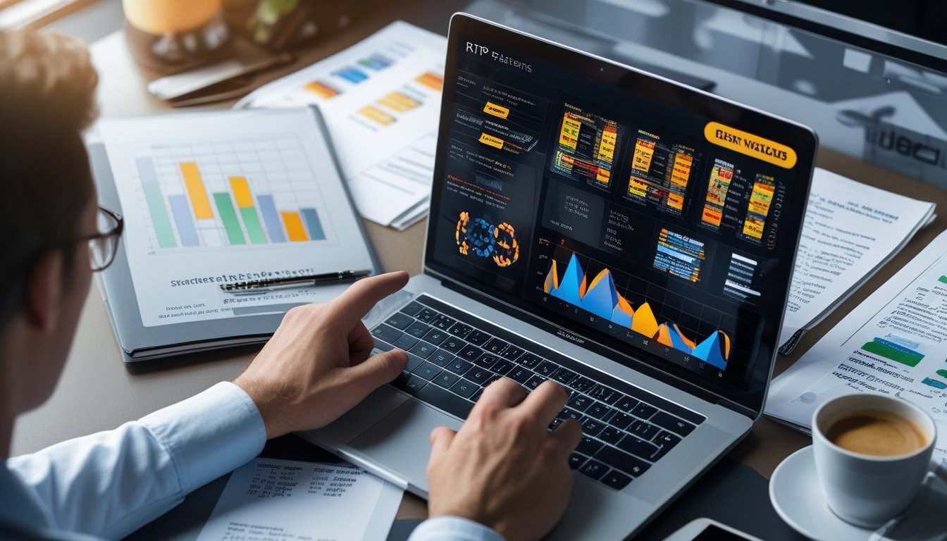 Seorang profesional sedang menganalisis grafik dan data pada laptop di meja kerja dengan catatan dan kopi di sampingnya.
