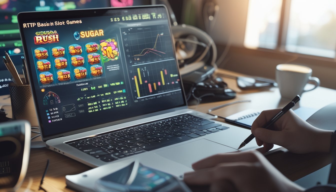 Seorang pria sedang menganalisis data permainan slot di meja kerja dengan laptop, grafik, dan catatan.