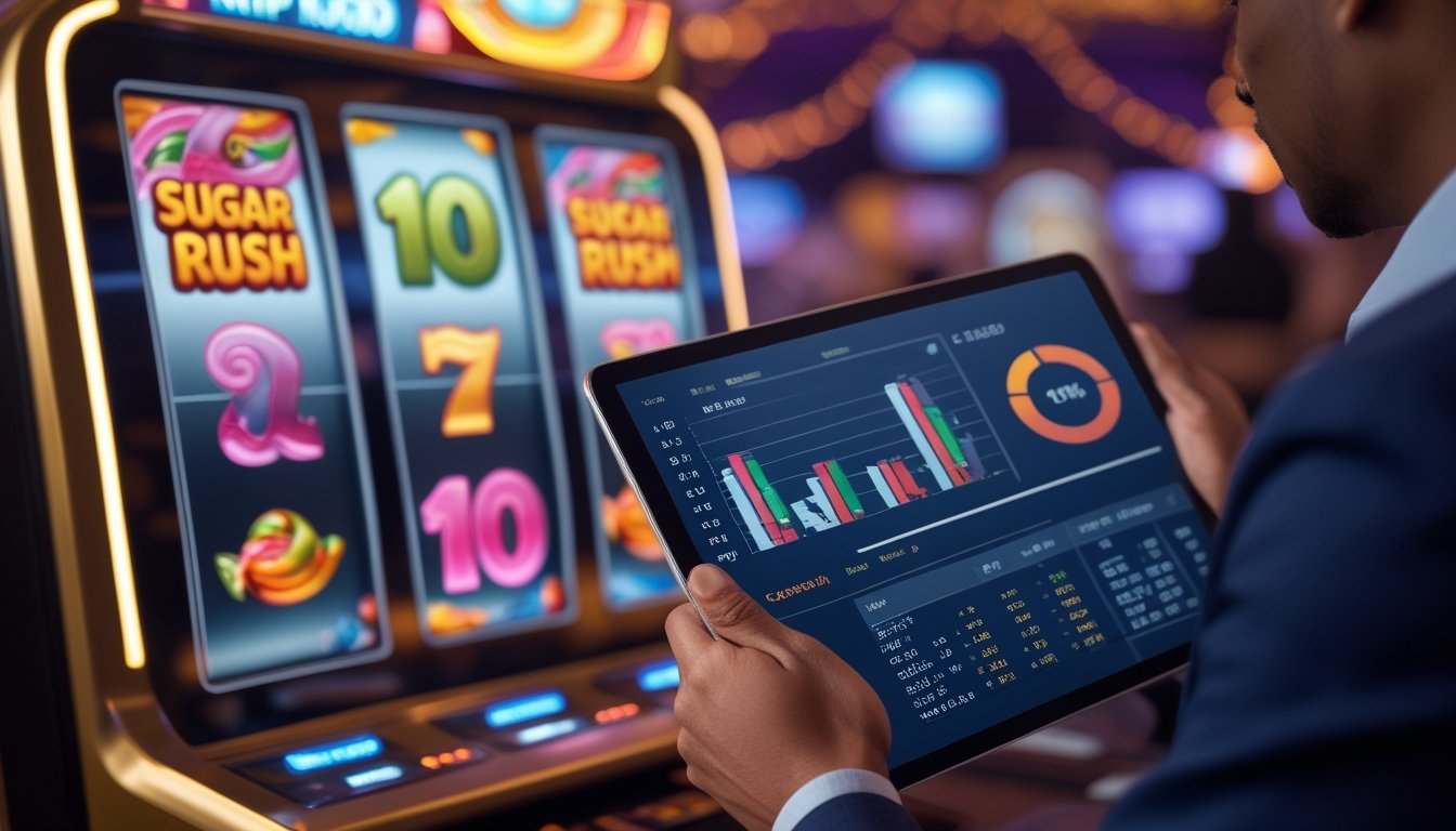 Seorang pria sedang menganalisis data RTP pada layar mesin slot bertema permen di kasino yang cerah dan berwarna-warni.
