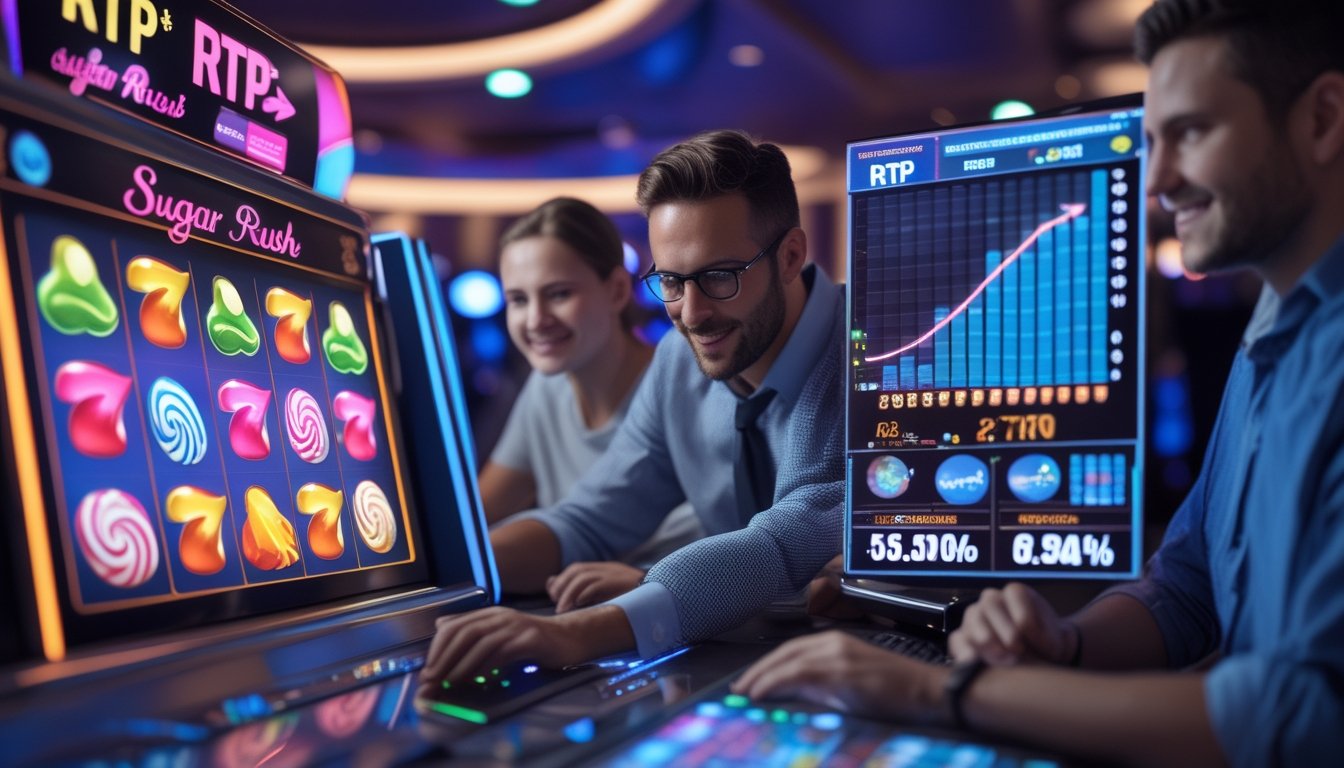 Sejumlah pemain yang fokus melihat layar mesin slot bertema permen dengan grafik dan data RTP di latar belakang kasino.