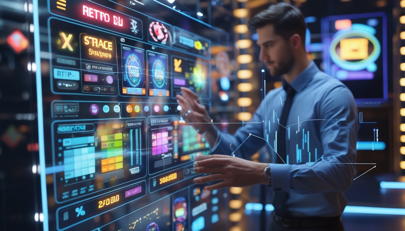 Seorang analis sedang memeriksa data dan grafik RTP pada layar digital di ruang kerja modern dengan latar belakang tema permainan slot digital.