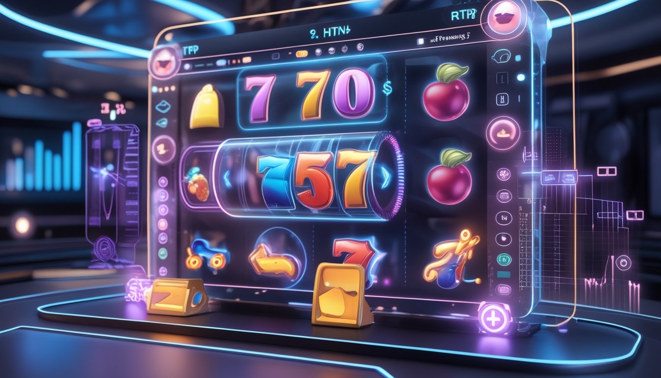 Antarmuka mesin slot digital modern dengan grafik dan data RTP yang mengambang di sekitarnya dalam lingkungan permainan berteknologi tinggi.