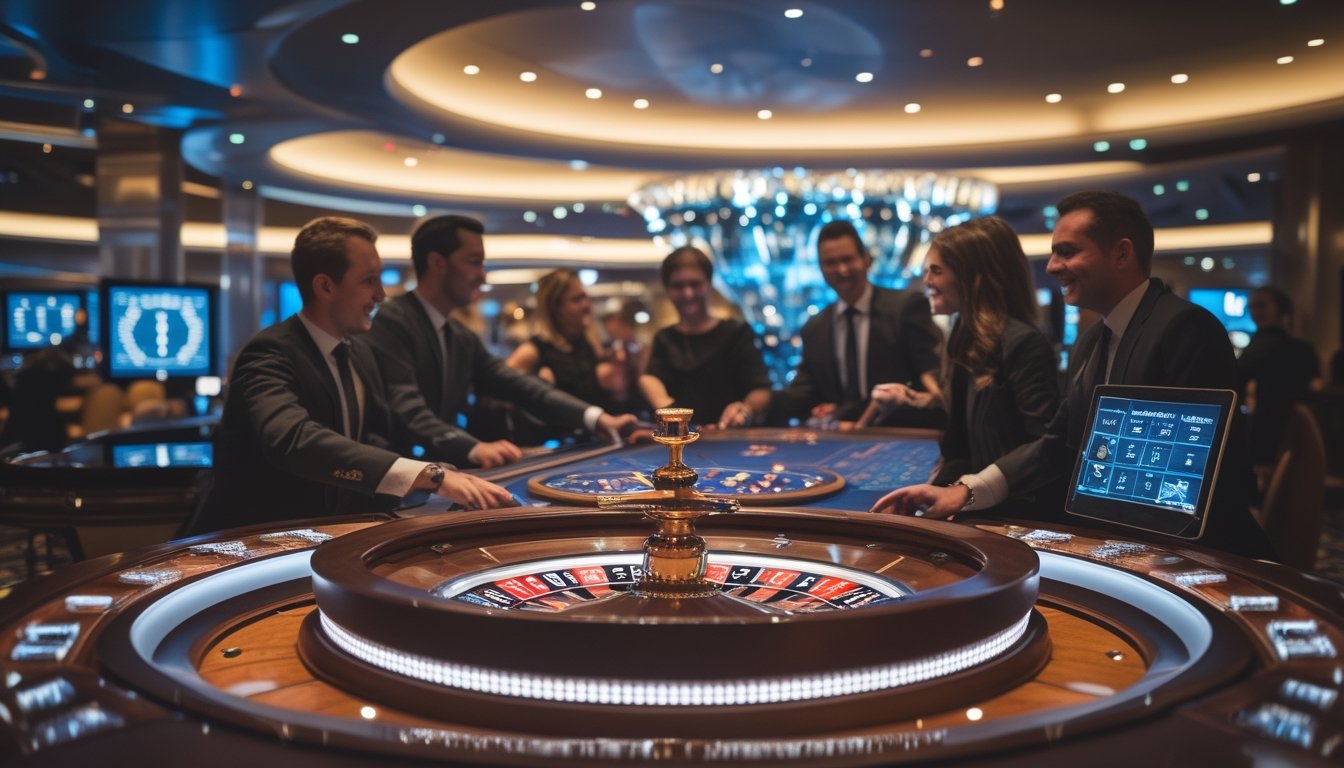 Sejumlah pemain sedang bermain roulette di meja kasino modern dengan lampu LED yang menyala dan suasana mewah.