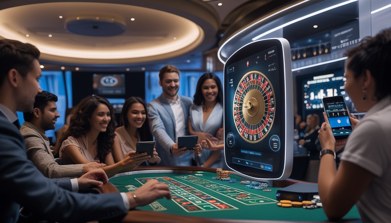Beberapa orang bermain roulette online dengan layar digital besar dan perangkat tablet di lingkungan kasino modern.
