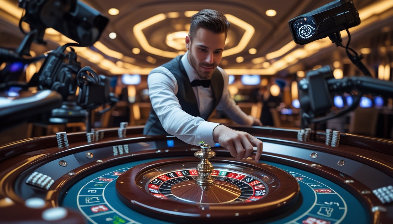 Seorang dealer kasino yang mengenakan pakaian rapi sedang memutar roda roulette di meja permainan dengan suasana kasino yang mewah.