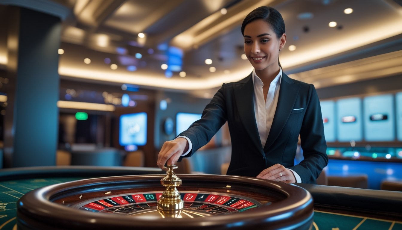 Seorang dealer tinggal memutar roda roulette di meja kasino yang modern dan terang.