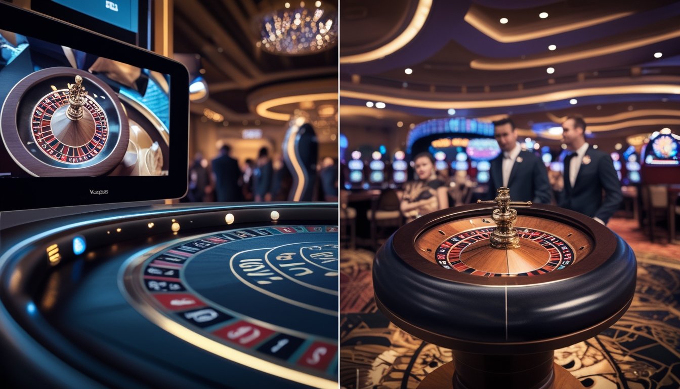 Dua meja roulette berdampingan, satu dengan tampilan digital modern dan satu lagi meja roulette tradisional di kasino Vegas dengan pemain dan chip.