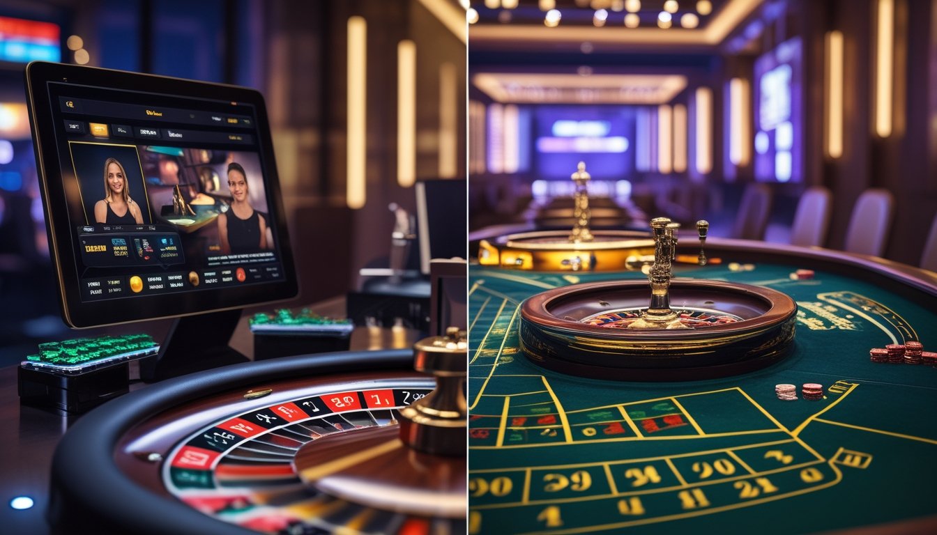 Dua meja roulette ditemani, satu dengan dealer live dan antarmuka digital, satu lagi meja roulette klasik dengan latar kasino mewah.