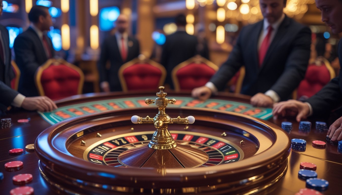 Meja rolet Vegas dengan pemain yang sedang memasang taruhan di kasino yang ramai dan mewah.