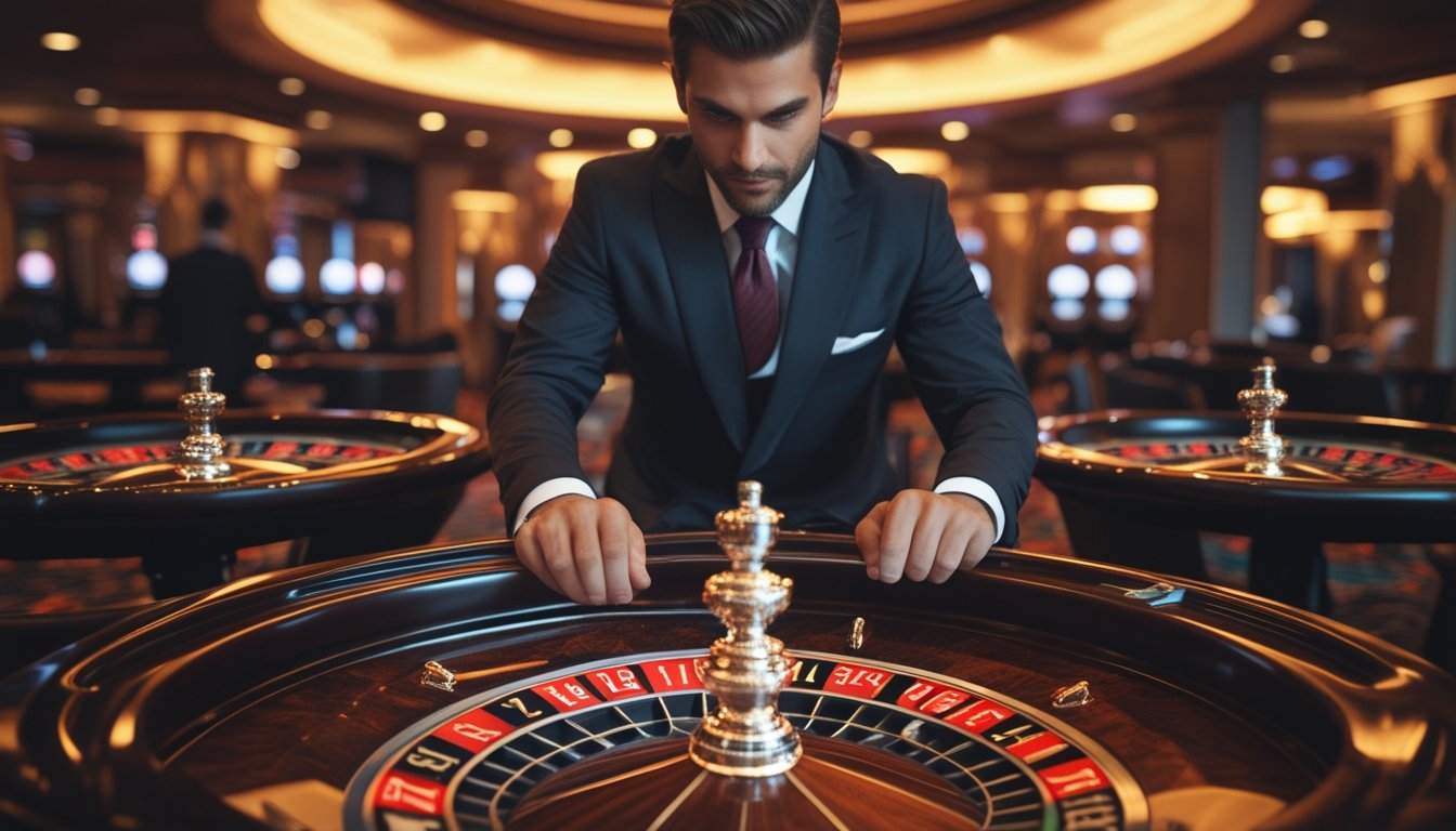 Seorang pemain yang fokus sedang bermain roulette di kasino dengan suasana mewah dan pencahayaan hangat.