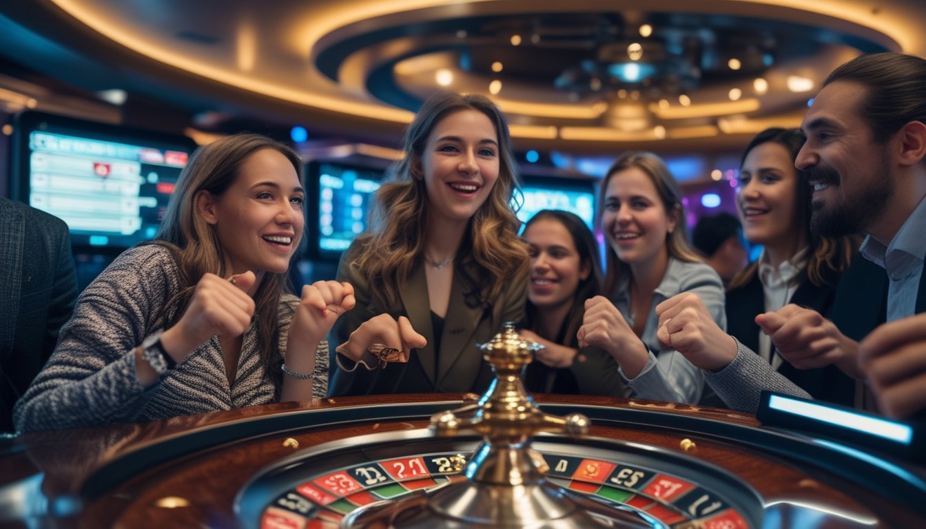 Orang-orang sedang bermain roulette dengan antusias di kasino modern dengan roda roulette berputar dan layar digital di latar belakang.