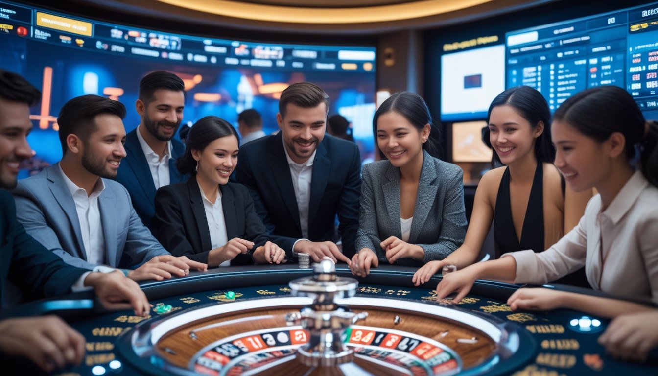 Beberapa orang sedang berinteraksi dengan meja roulette digital yang modern dan canggih dalam ruangan dengan teknologi streaming.