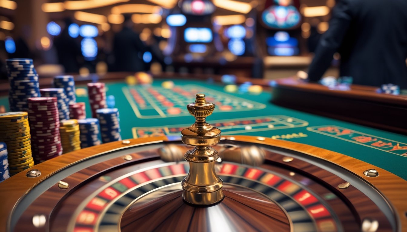 Meja roulette di kasino dengan roda roulette yang berputar, tumpukan chip warna-warni, dan suasana kasino yang ramai.