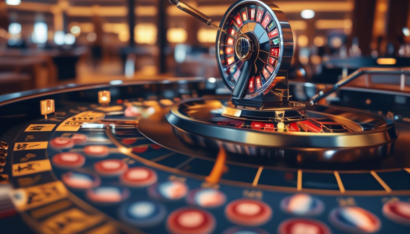 Foto close-up roda roulette modern dengan chip dan tata letak taruhan di latar belakang kasino yang mewah.