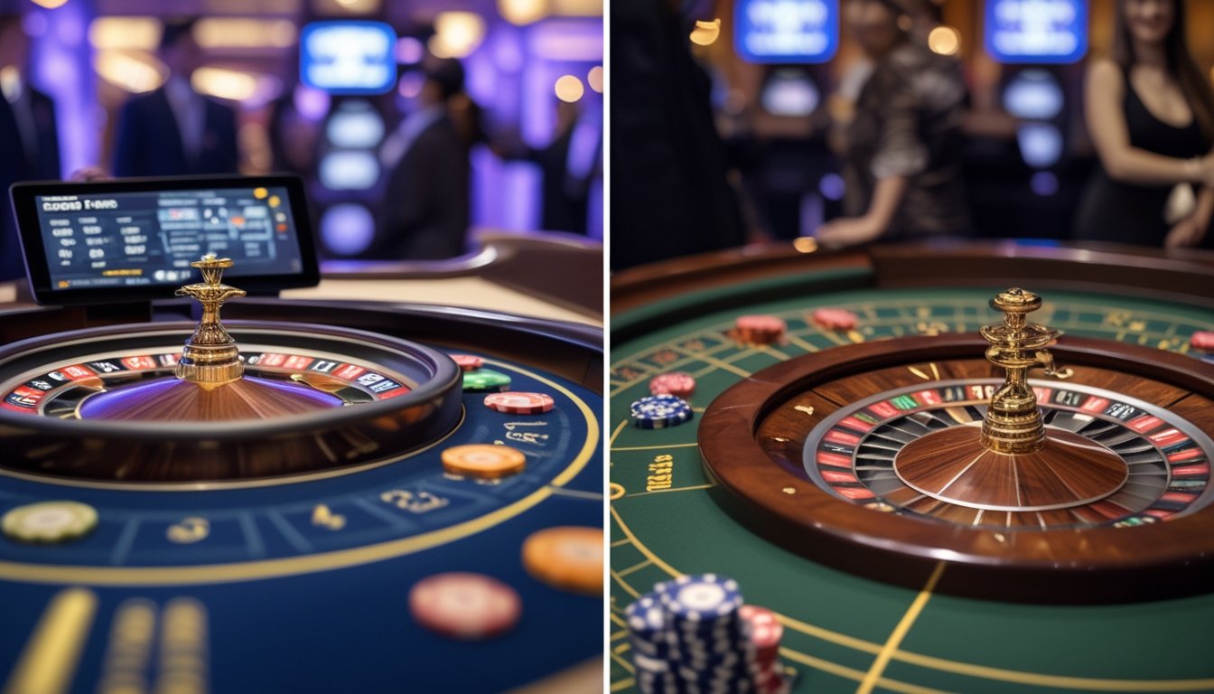 Dua meja roulette berdampingan, satu dengan desain modern dan digital, satu lagi dengan meja roulette klasik di kasino.