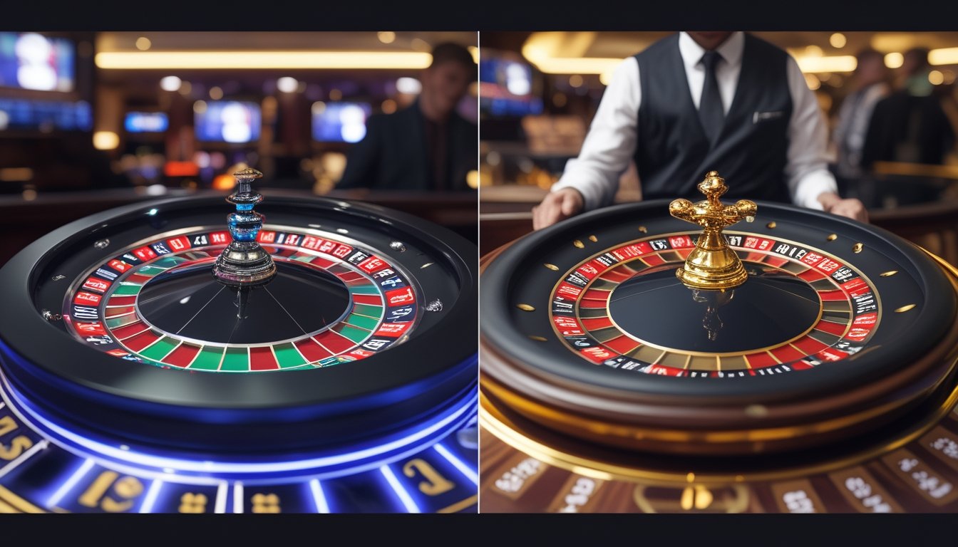 Dua roda roulette berdampingan di kasino dengan dealer yang sedang mengelola permainan, menunjukkan perbandingan kecepatan antara Immersive Roulette dan Vegas Roulette.