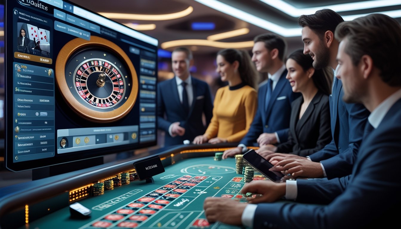 Sejumlah pemain di meja roulette modern sedang menonton dealer langsung melalui layar besar di kasino.