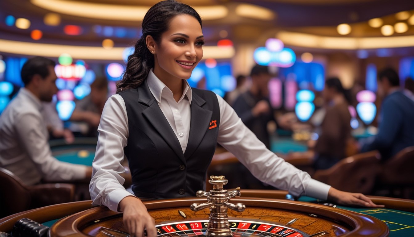 Seorang dealer profesional wanita tersenyum di meja roulette yang sedang berputar di kasino mewah dengan lampu warna-warni dan pemain di sekitar meja.