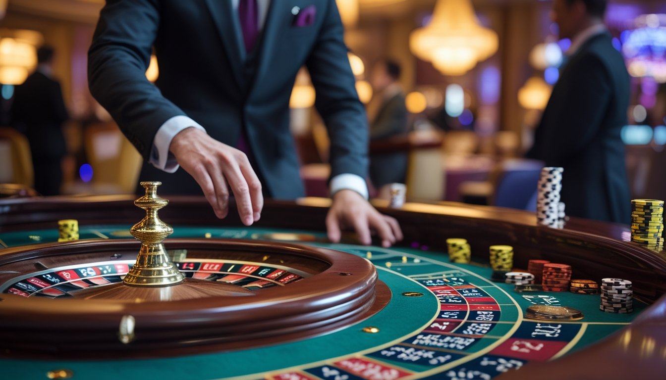 Seorang dealer profesional sedang memutar roda roulette di meja kasino dengan suasana glamor dan pencahayaan mewah.