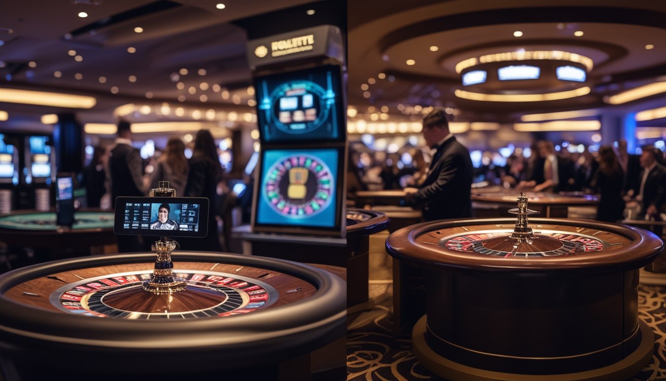 Dua meja roulette di kasino, satu dengan tampilan modern dan dealer langsung, satu lagi dengan gaya klasik dan pemain yang antusias.